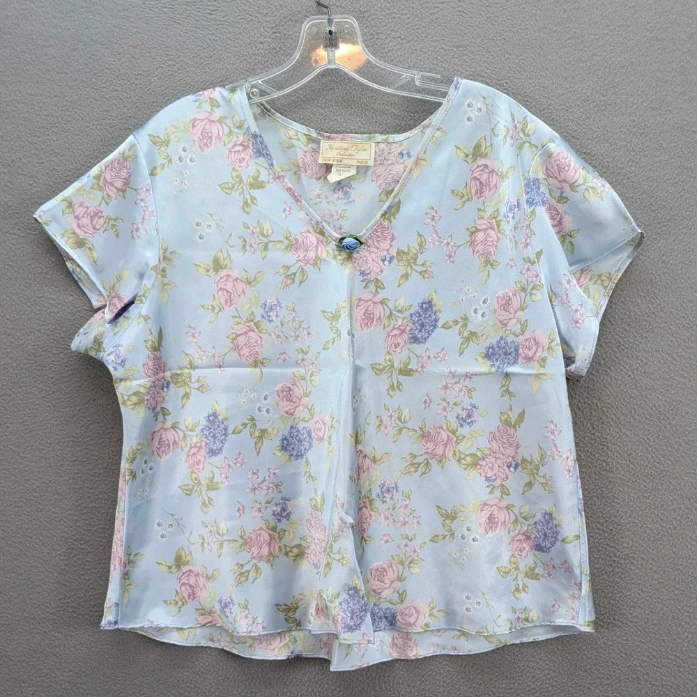 Kristine Tyler‎ Intimates Pajama Set Women's 3X Blue Floral Polyester Satin USA